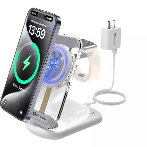 UltraProlink UM1006CRWHT - Vylis Crystal 3 in 1 Wireless Charging Dock with Adapter