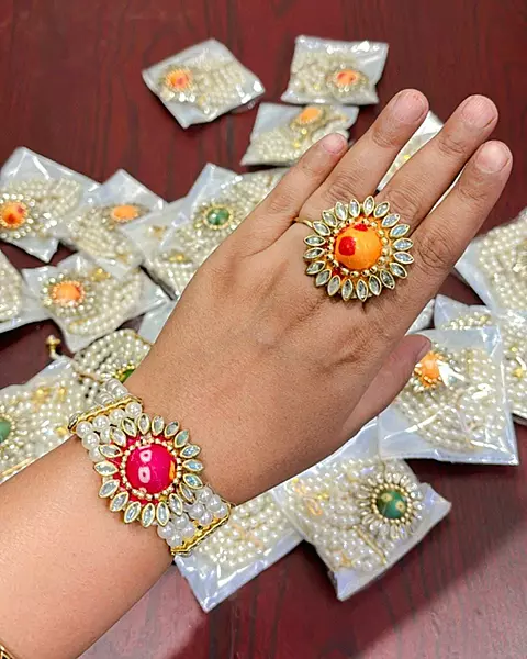 Bandhani Adjustable Bracelete with Ring Mix Colour