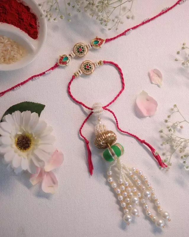 Elegant Bhai Bhabhi Rakhi Set with Pearl Latkan