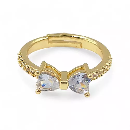 Gold-Plated Adjustable Butterfly Bow Ring - White Zircon