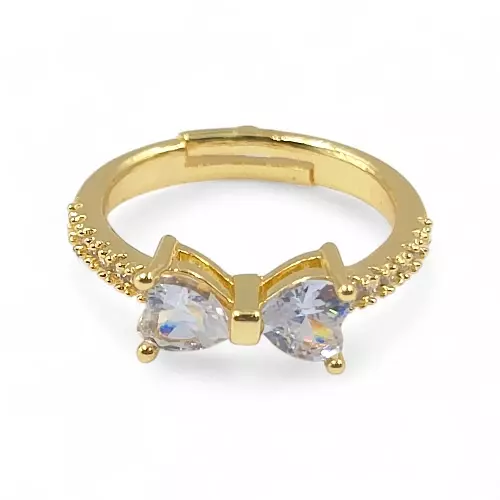 Gold-Plated Adjustable Butterfly Bow Ring - White Zircon