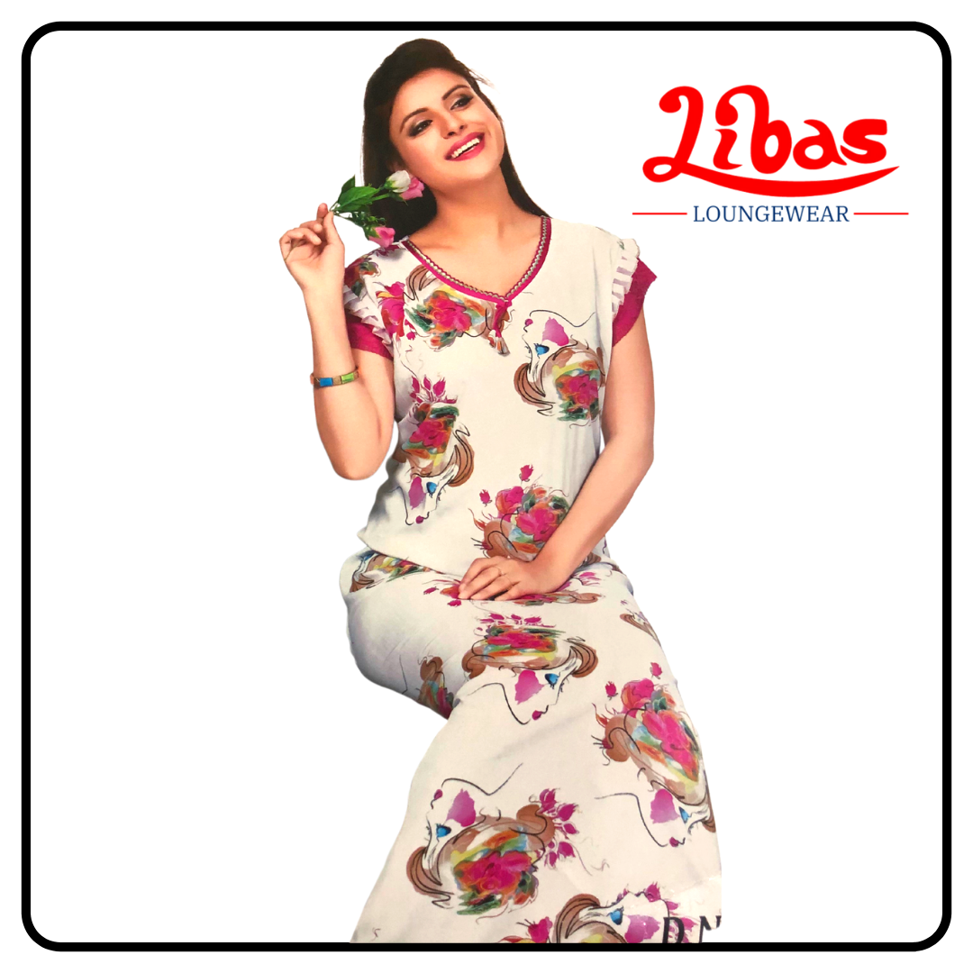 White & pink rayon sleevless nighty with large pretty geometric prints from libas loungewear-SL075