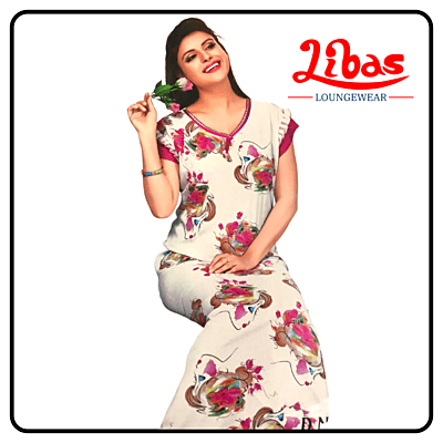 White & pink rayon sleevless nighty with large pretty geometric prints from libas loungewear-SL075