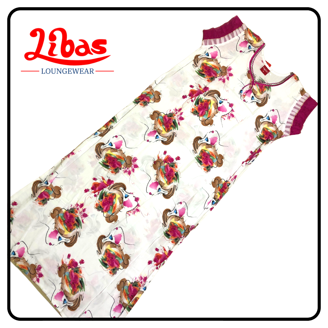 White & pink rayon sleevless nighty with large pretty geometric prints from libas loungewear-SL075