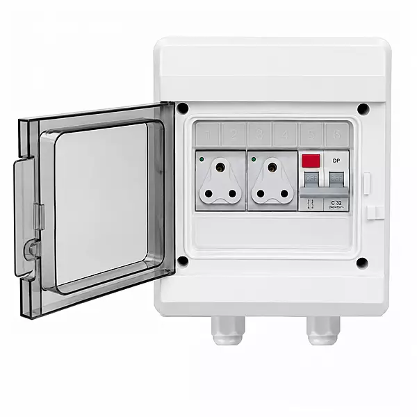EV Charging MCB Box IP66 | Double 3-Pin 6A Socket & Sibass 32A 2-Pole AC MCB