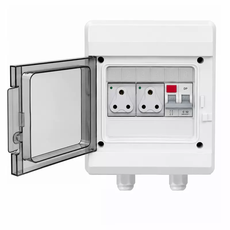 EV Charging MCB Box IP66 | Double 3-Pin 6A Socket & Sibass 32A 2-Pole AC MCB