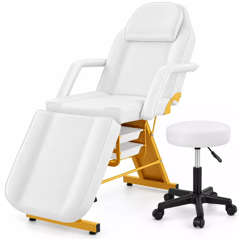 Manual Derma & Facial Chair with Stool – White & Gold