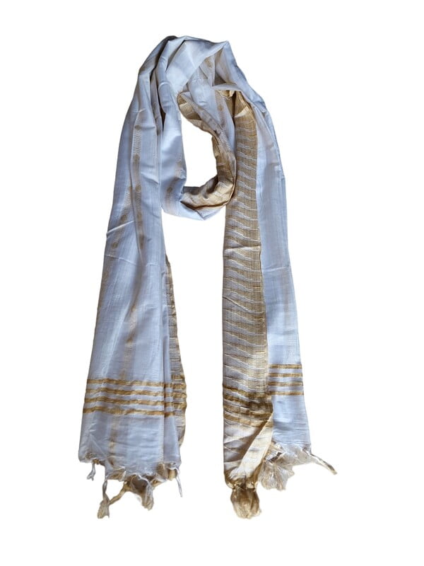 White Cotton Silk Dupatta with Temple Border