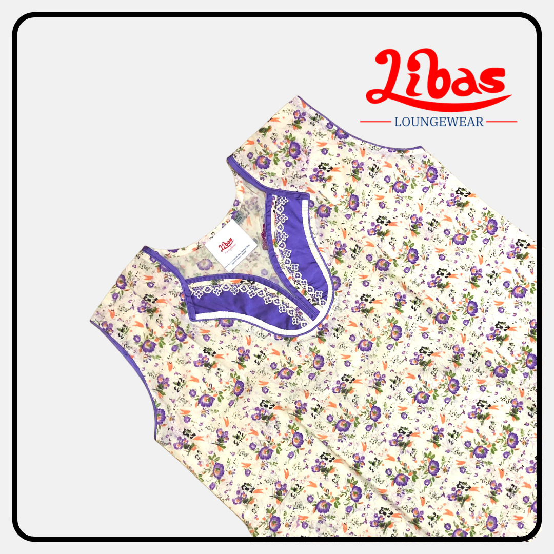 White based violet floral printed cotton sleeveless nighty from libas loungewear-SL025