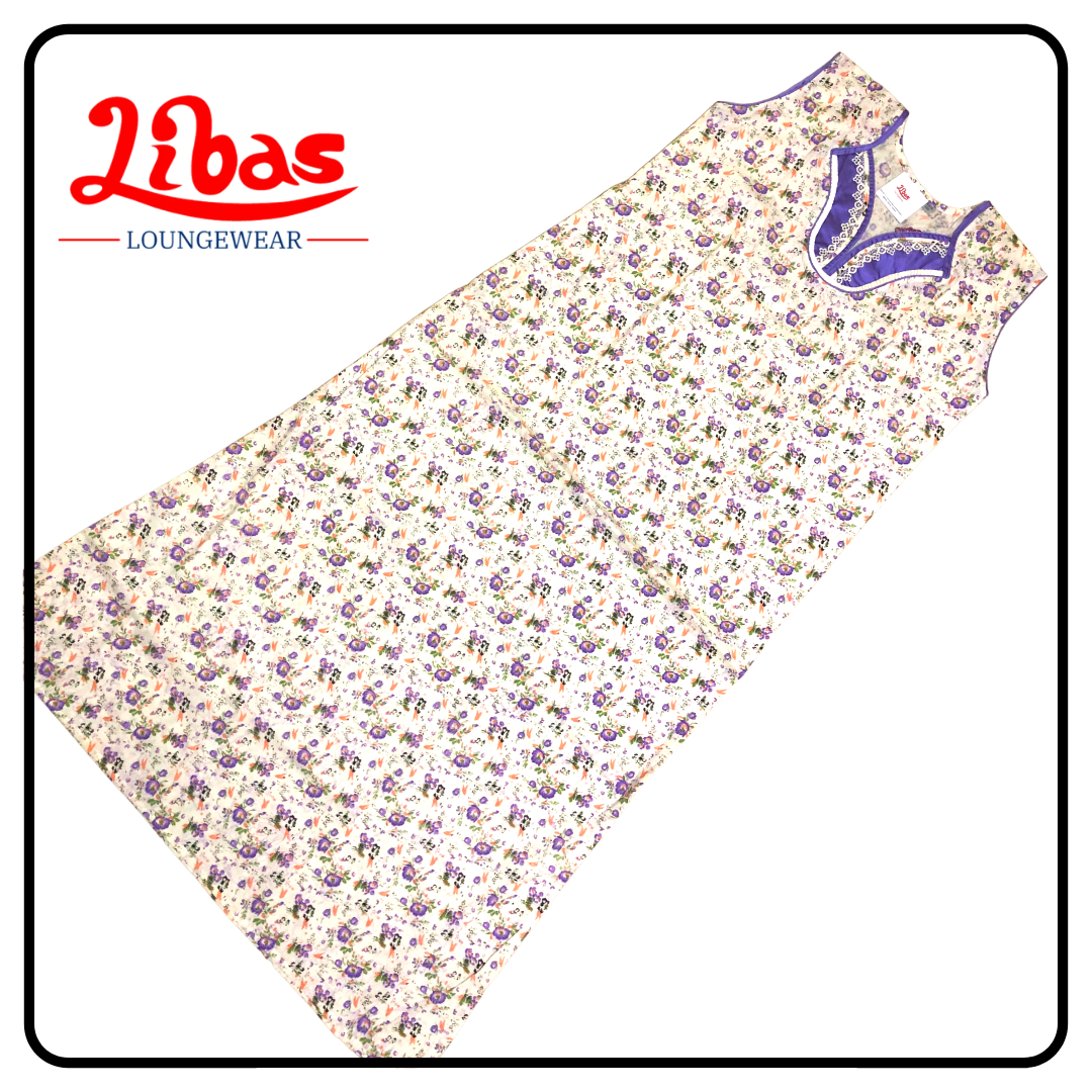 White based violet floral printed cotton sleevless nighty from libas loungewear-SL025