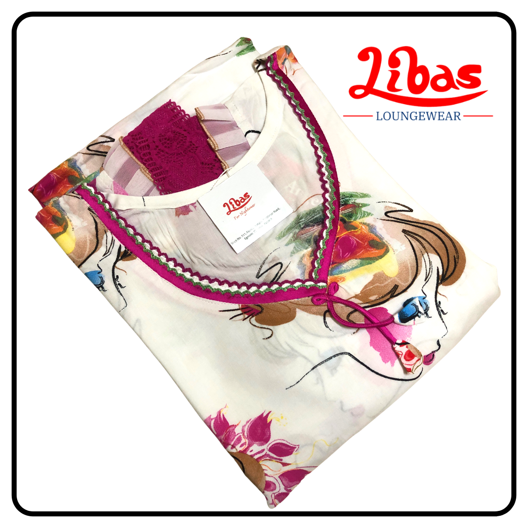 White & pink rayon sleevless nighty with large pretty geometric prints from libas loungewear-SL075