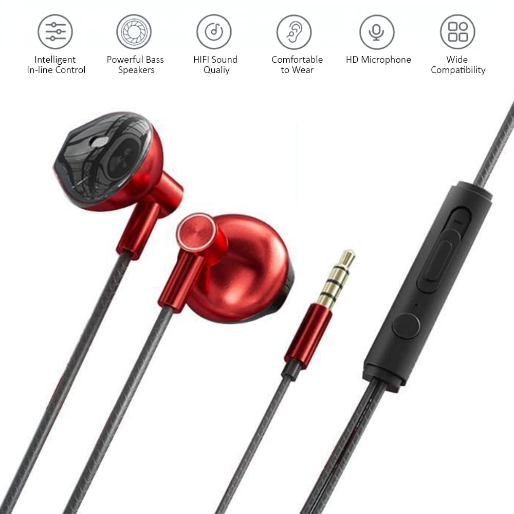 Wired Earphones with Mic | 3.5mm Jack | Tangle-Free Cable | Deep Bass Audio (Metallic Red) Wired Earphones with Mic | 3.5mm Jack | Tangle-Free Cable | Deep Bass Audio (Metallic Red)