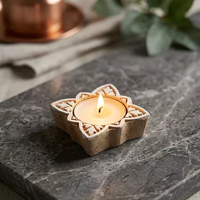 Wooden tea light holder with scented candle for home decor