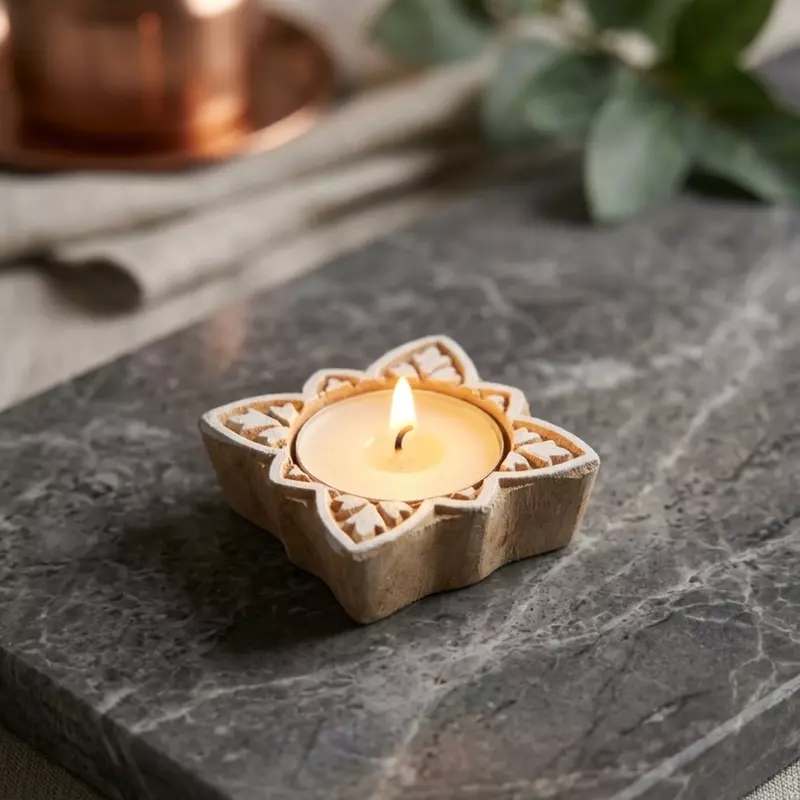 Wooden tea light holder with scented candle for home decor