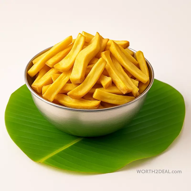 worth2deal jackfruit chips – Coconut Oil Fried Chakka Varuthathu in a bowl placed in a banana leaf