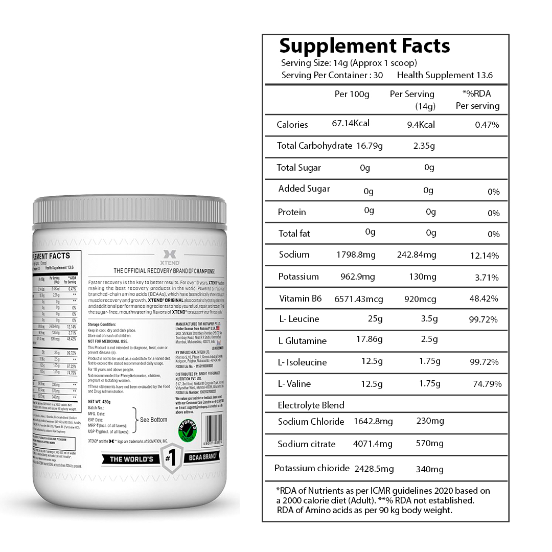 Xtend BCAAs Powder for Adults (Pre-Workout, 7g BCAAs)402gm, 30 Servings