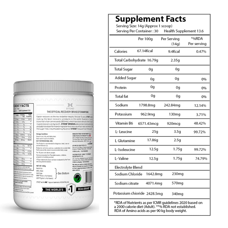 Xtend BCAAs Powder for Adults (Pre-Workout, 7g BCAAs)402gm, 30 Servings