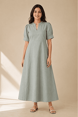 Safari Green Cotton Denim A-Line Dress