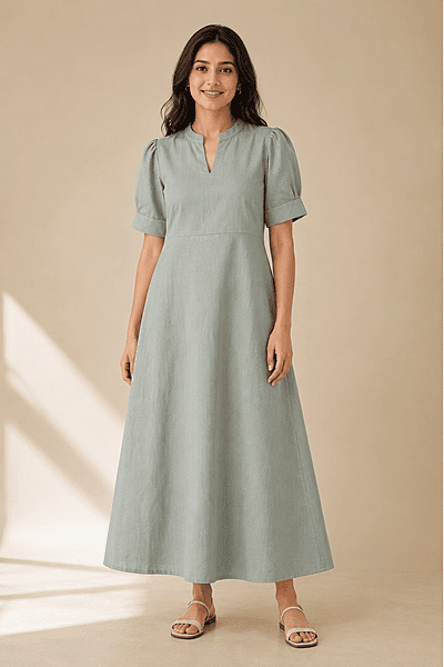 Safari Green Cotton Denim A-Line Dress