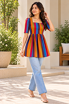 Multicolour Striped Woven Peplum Top Multicolour Striped Woven Peplum Top