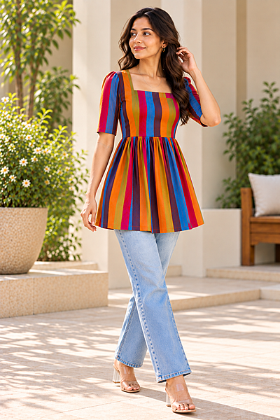 Multicolour Striped Woven Peplum Top Multicolour Striped Woven Peplum Top