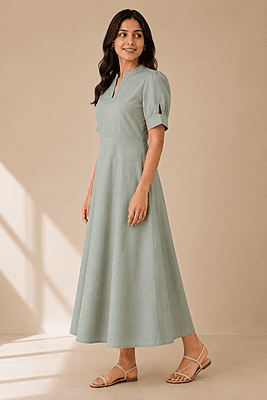 Safari Green Cotton Denim A-Line Dress