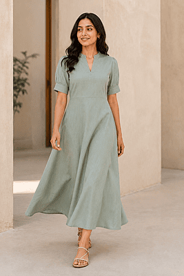 Safari Green Cotton Denim A-Line Dress
