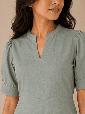 Safari Green Cotton Denim A-Line Dress