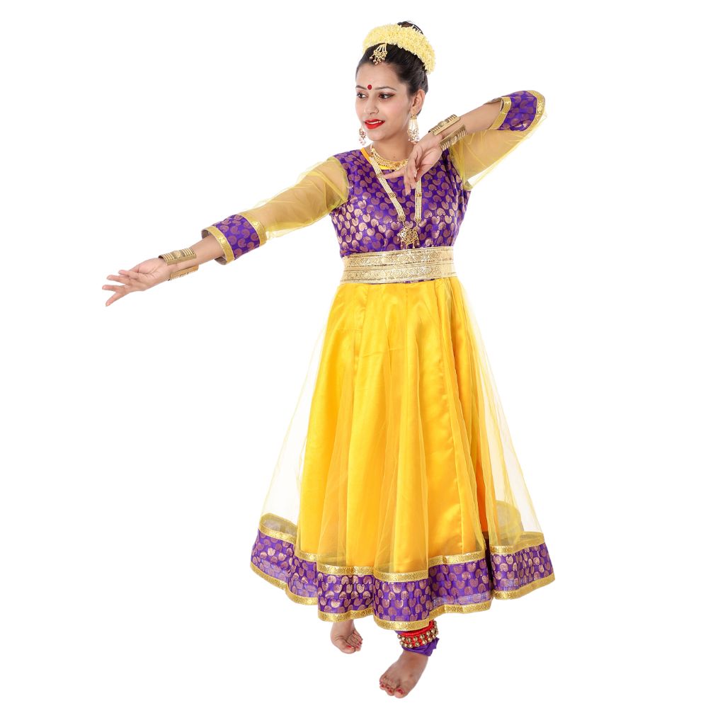 Kathak Dance Dress Anarkali Style Yellow & Purple Kathak Dance Dress Anarkali Style Yellow & Purple