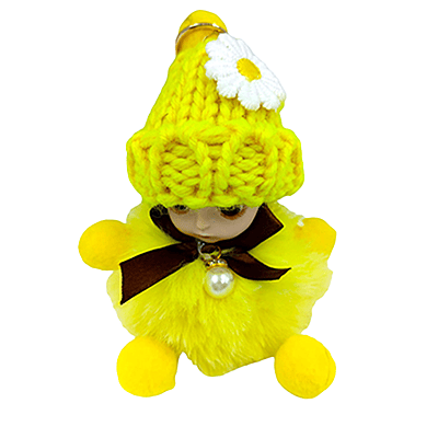Cute Yellow Pompom Doll Keychain with Knitted Hat & Daisy