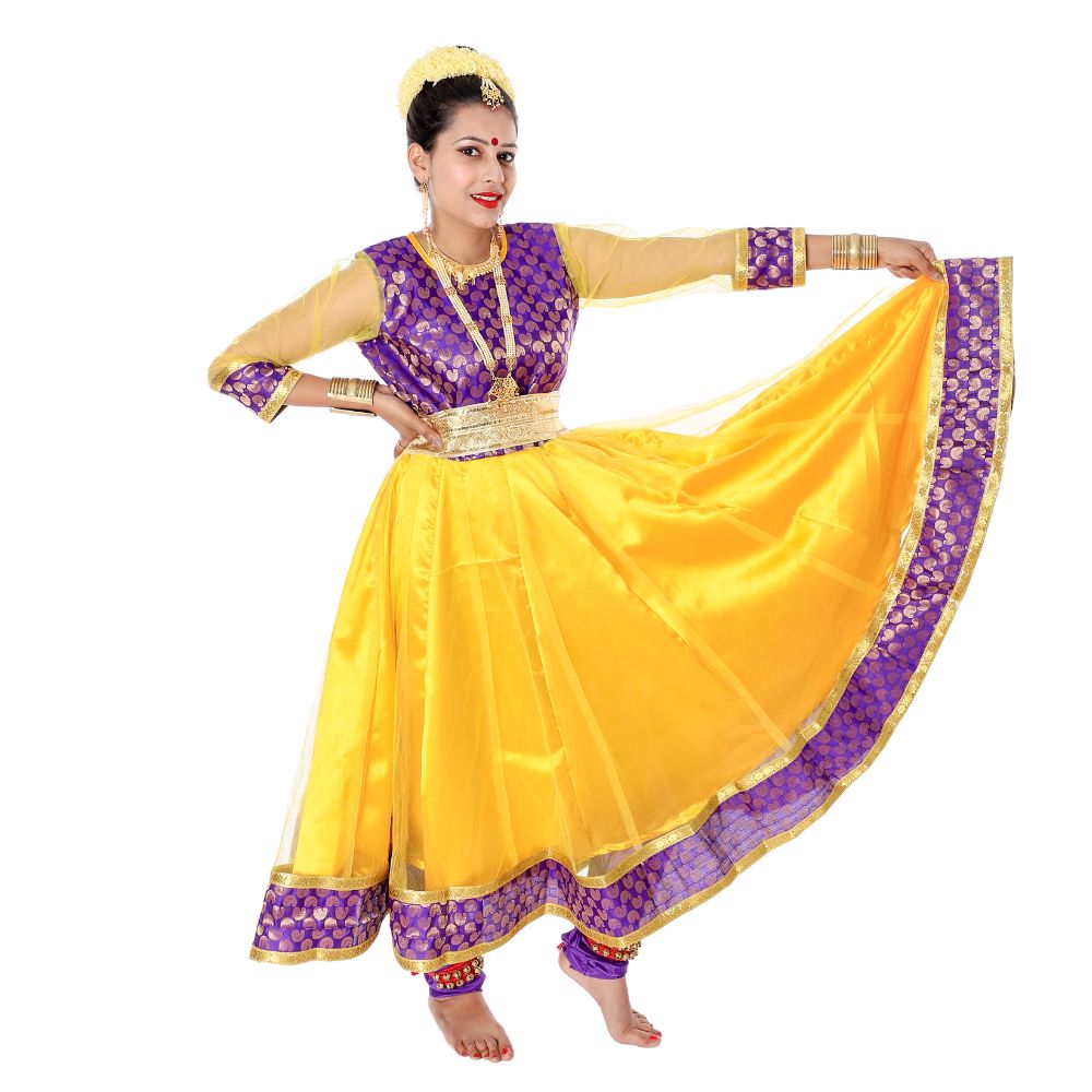 Kathak Dance Dress Anarkali Style Yellow & Purple Kathak Dance Dress Anarkali Style Yellow & Purple