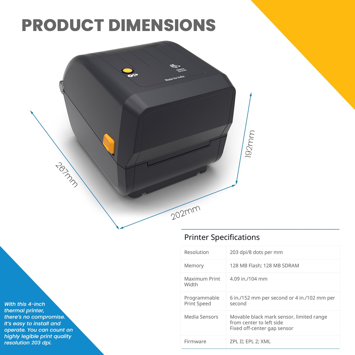 Zebra ZD230TA 4-Inch  (10.16cm) Thermal Transfer Desktop Barcode Label Printer, 203 DPI, 6 IPS Print Speed, USB Connectivity, Monochrome, Windows Compatible Zebra ZD230TA 4-Inch  (10.16cm) Thermal Transfer Desktop Barcode Label Printer, 203 DPI, 6 IPS Print Speed, USB Connectivity, Monochrome, Windows Compatible