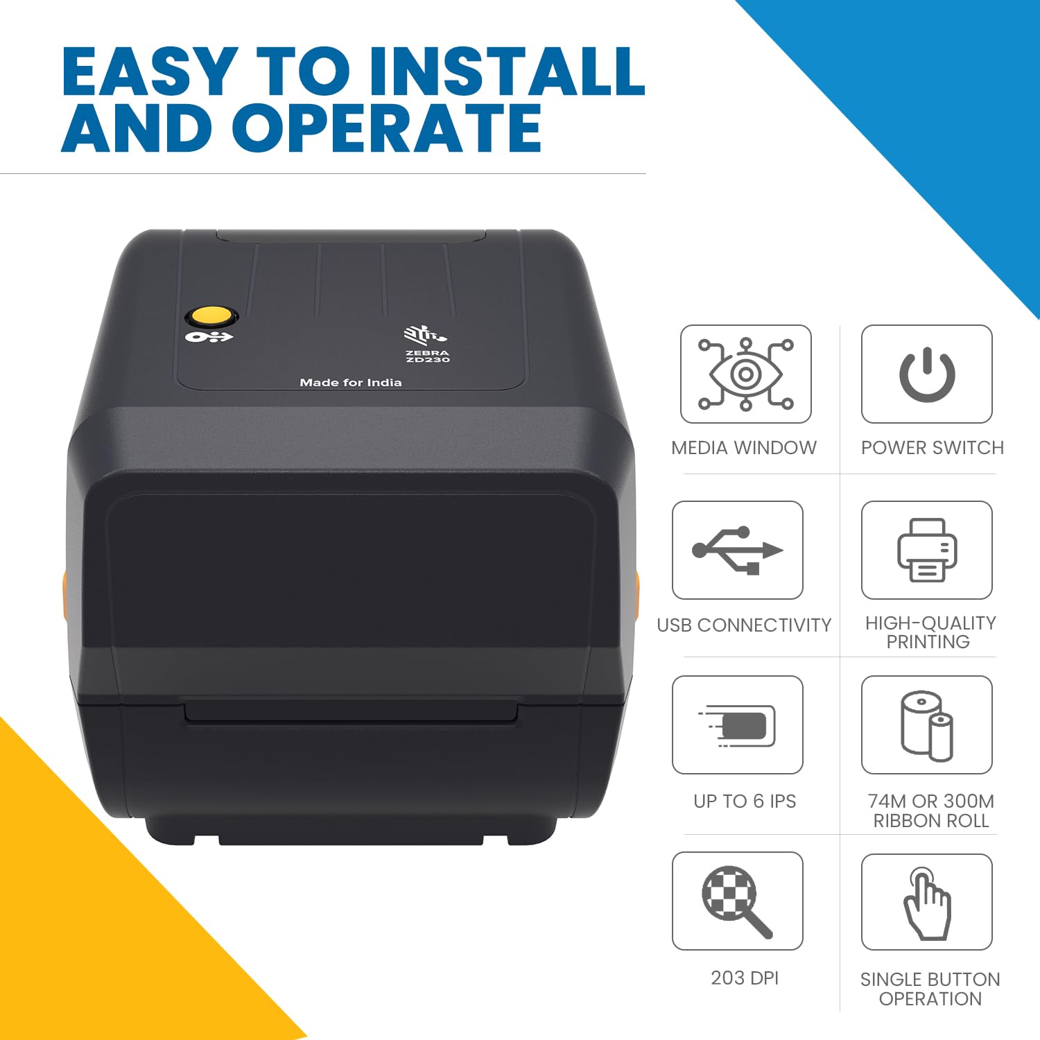 Zebra ZD230TA 4-Inch  (10.16cm) Thermal Transfer Desktop Barcode Label Printer, 203 DPI, 6 IPS Print Speed, USB Connectivity, Monochrome, Windows Compatible Zebra ZD230TA 4-Inch  (10.16cm) Thermal Transfer Desktop Barcode Label Printer, 203 DPI, 6 IPS Print Speed, USB Connectivity, Monochrome, Windows Compatible