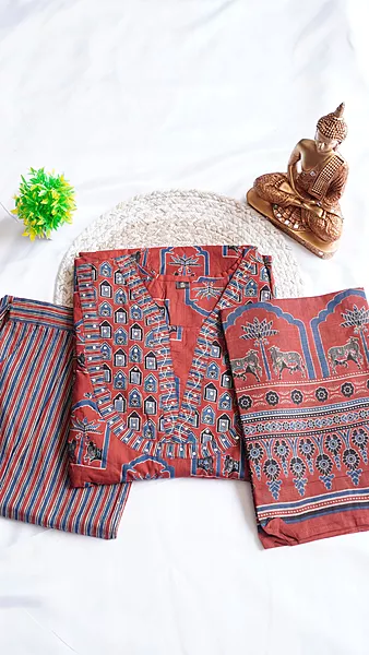 Jaipur Cotton 3 Piece Set – Maroon & Blue