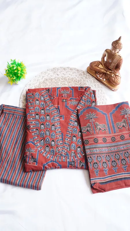 Jaipur Cotton 3 Piece Set – Maroon & Blue