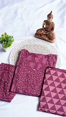 Cotton 3 Piece Set – Wine & Mehendi Green