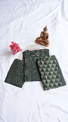 Cotton 3 Piece Set – Wine & Mehendi Green