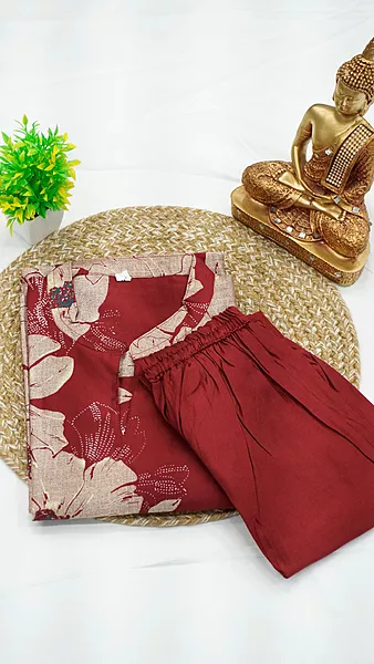 Muslin Foil Print Co-ord Set with Lining – Red & Rama Blue