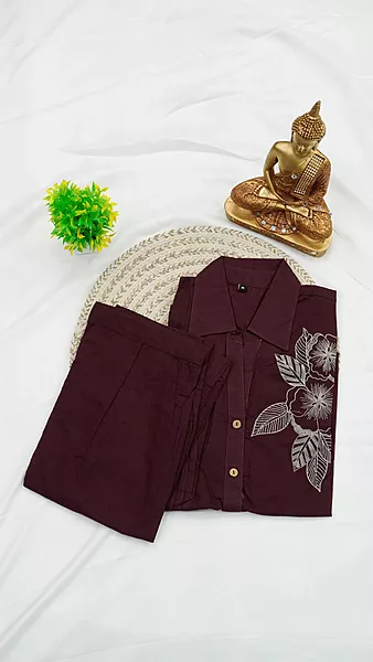 Cotton Co-ord Set – Wine & Olive Green