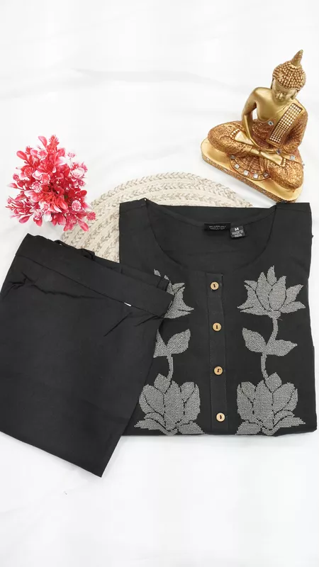 Pure Cotton Co-ord Set – Black Floral Print-1