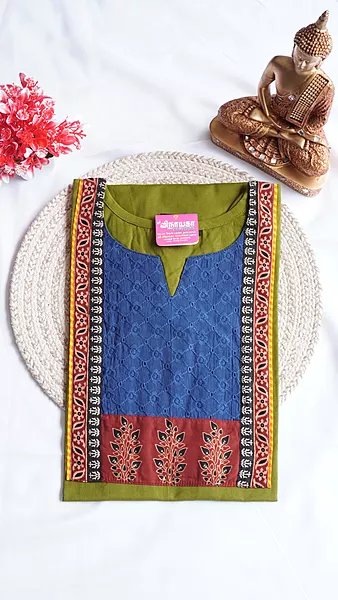 Pure Cotton Regular Kurti – Olive Green Blue Applique