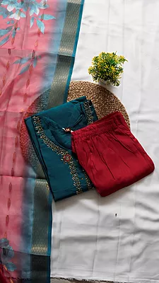 3PCS Fancy Function Wear Set – Peacock Blue & Green