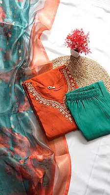 3PCS Fancy Function Wear Set – Rustic Orange & Dark Navy Blue