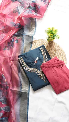 3PCS Fancy Function Wear Set – Rustic Orange & Dark Navy Blue