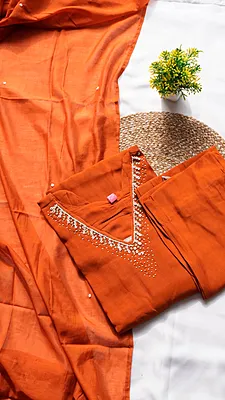 3PCS Fancy Function Wear Set – Rustic Orange, Rani Pink & Teal Blue
