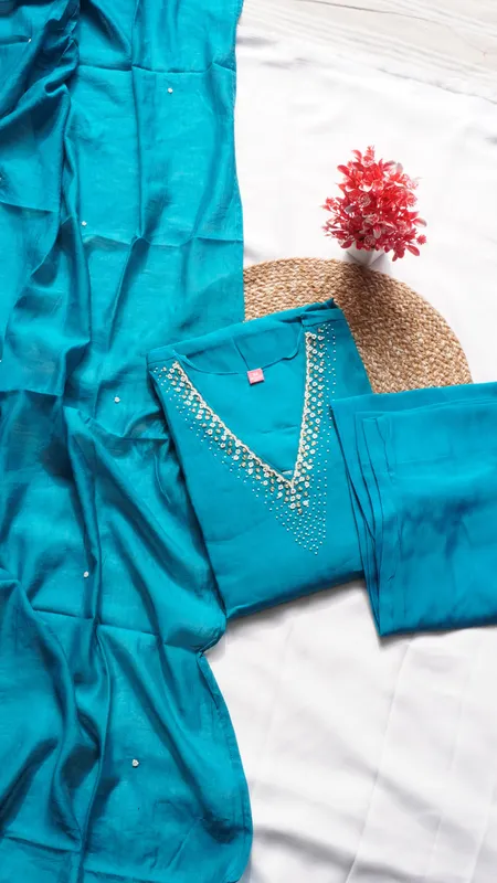 3PCS Fancy Function Wear Set – Rustic Orange, Rani Pink & Teal Blue