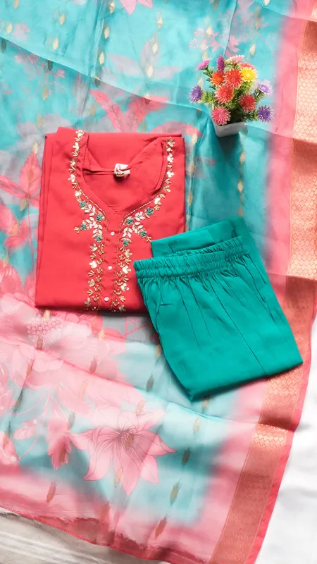 3PCS Fancy Function Wear Set – Navy Blue & Red Pink