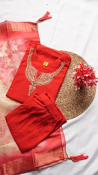Heavy Neck Embroidery Fancy Function Wear – Tomato Red