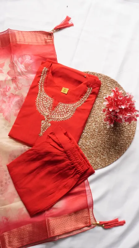 Heavy Neck Embroidery Fancy Function Wear – Tomato Red