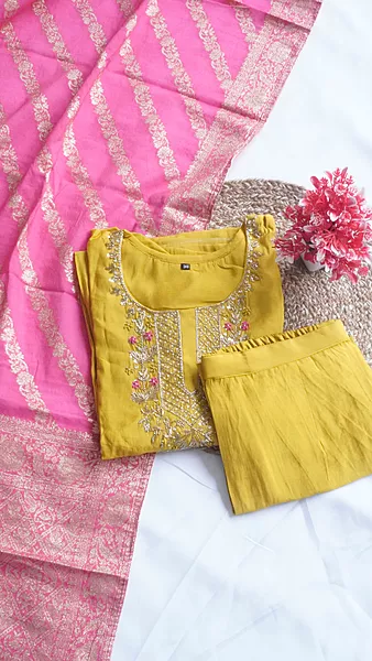 3PCS Fancy Function Wear Set – Mustard with Pink Banaras Dupatta
